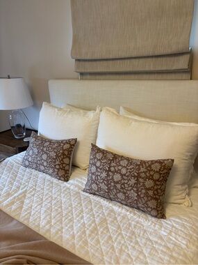 Neutral White Quilted Bedding Set with Brown Floral Accent Pillows